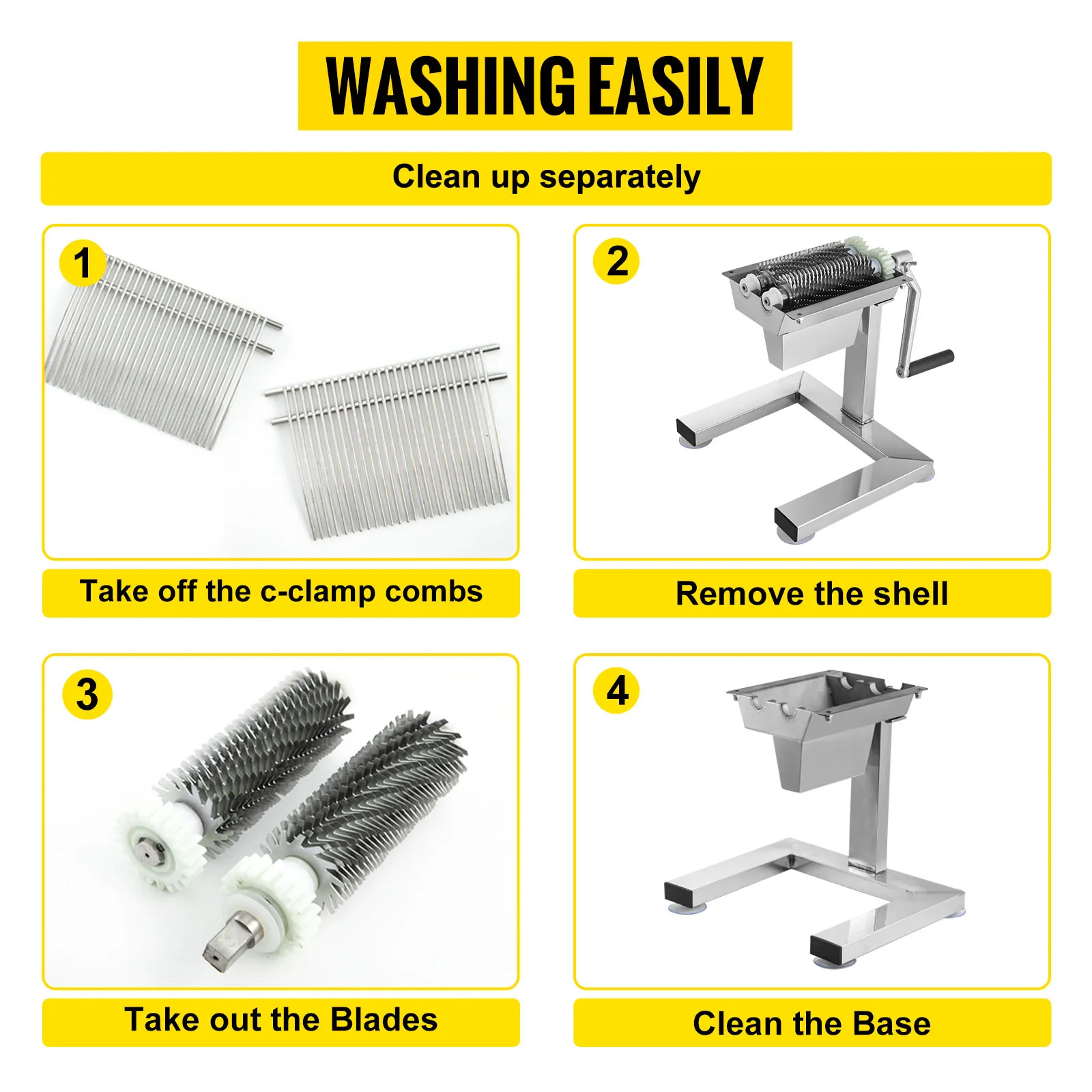 steps to clean a VEVOR manual steak tenderizer: remove combs, shell, blades, and base.
