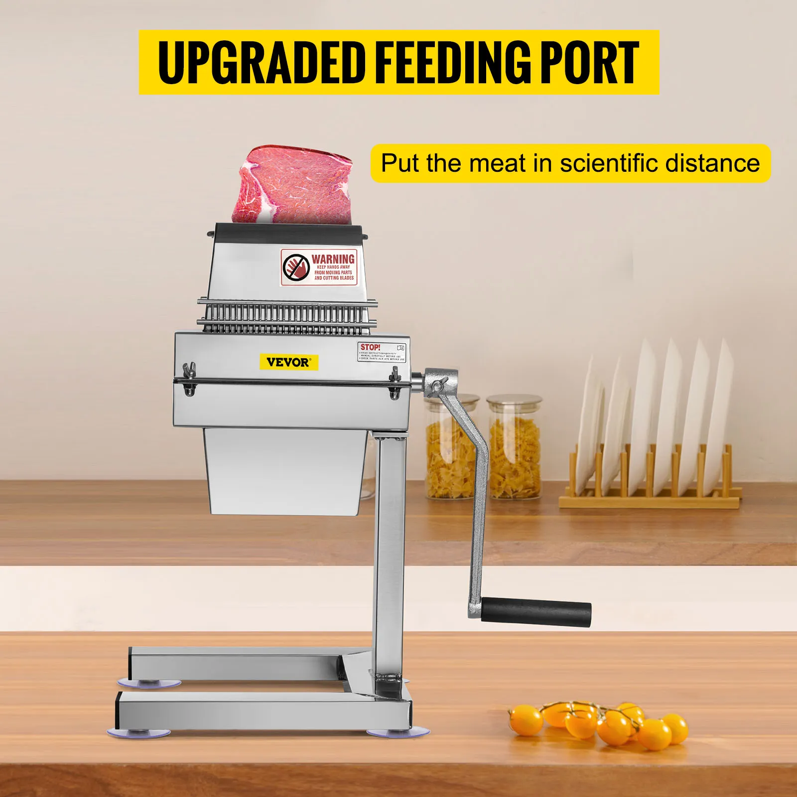 VEVOR manual steak tenderizer with upgraded feeding port on a kitchen counter.