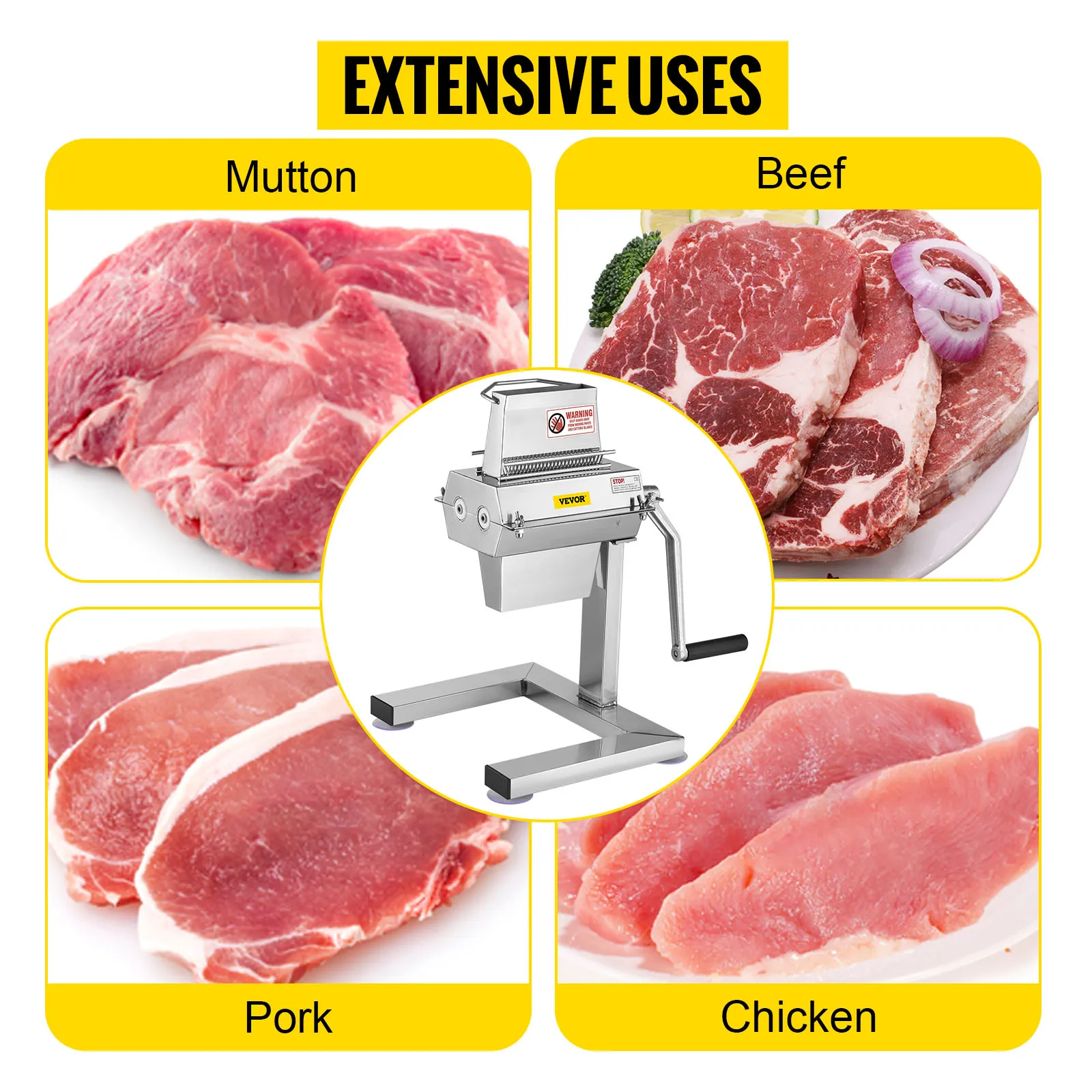 VEVOR manual steak tenderizer with various meat types: mutton, beef, pork, and chicken.