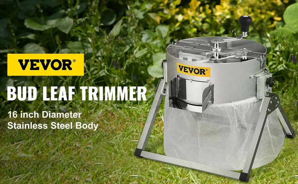 VEVOR bud leaf trimmer with 16-inch stainless steel body in a garden setting.
