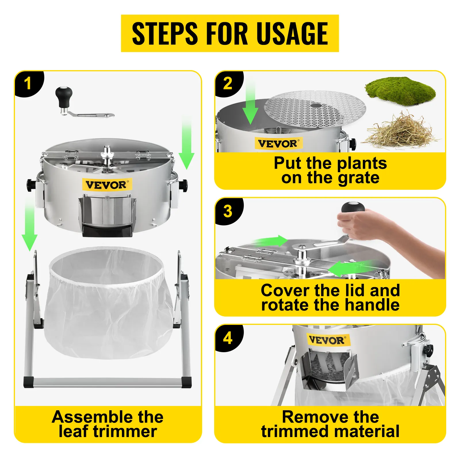 VEVOR bud leaf trimmer step-by-step usage guide with labeled arrows and instructions.