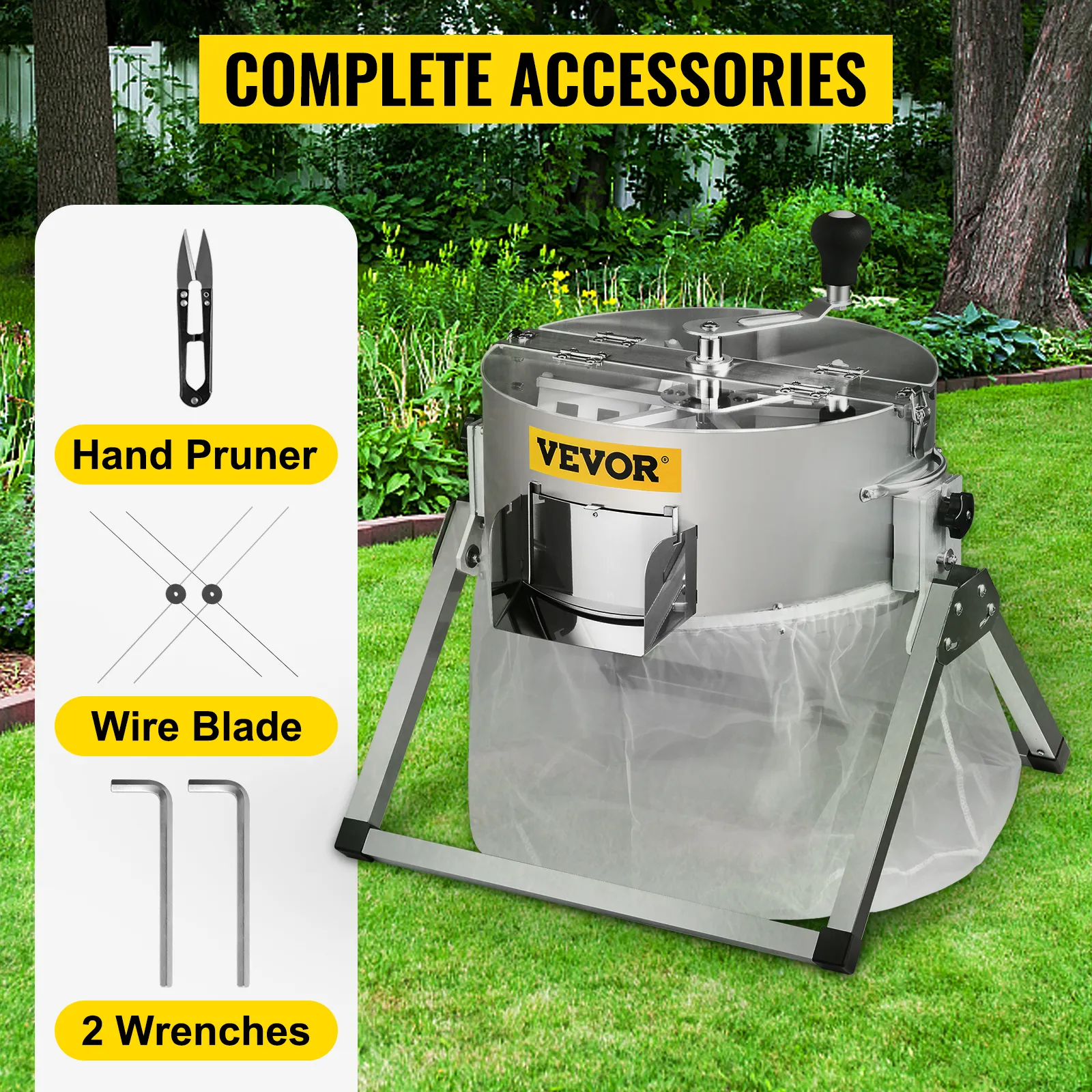 VEVOR bud leaf trimmer with hand pruner, wire blade, and wrenches in a garden setting.