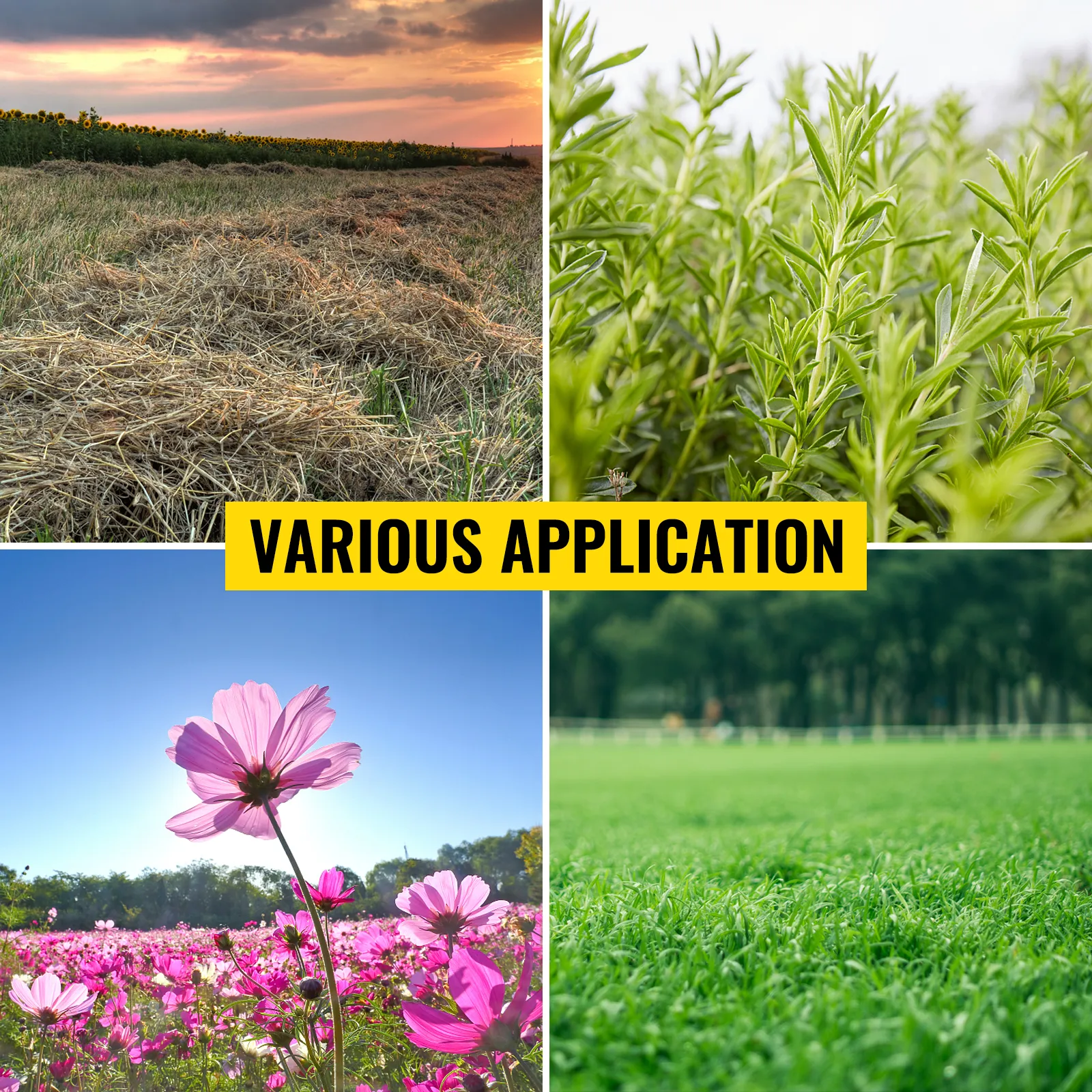 VEVOR bud leaf trimmer: various applications in fields, herbs, flowers, and grass.