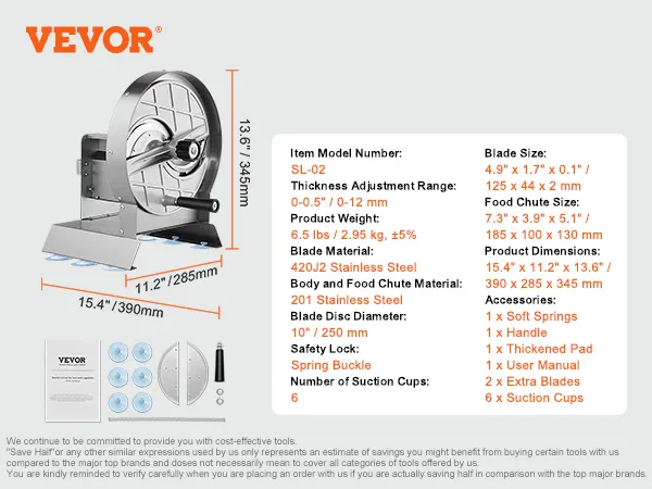 VEVOR vegetable slicer, stainless steel structure, 6 suction cups, adjustable thickness, 2 extra blades.