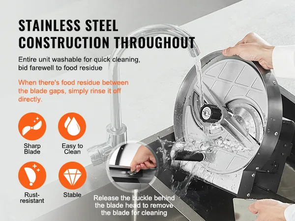 VEVOR vegetable slicer with stainless steel disc and blades being washed under faucet for easy cleaning.