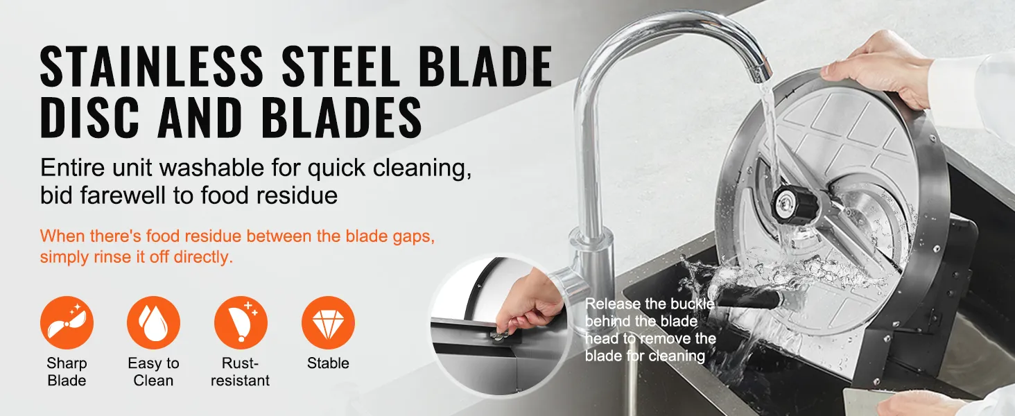 VEVOR vegetable slicer with stainless steel disc and blades being washed under faucet for easy cleaning.
