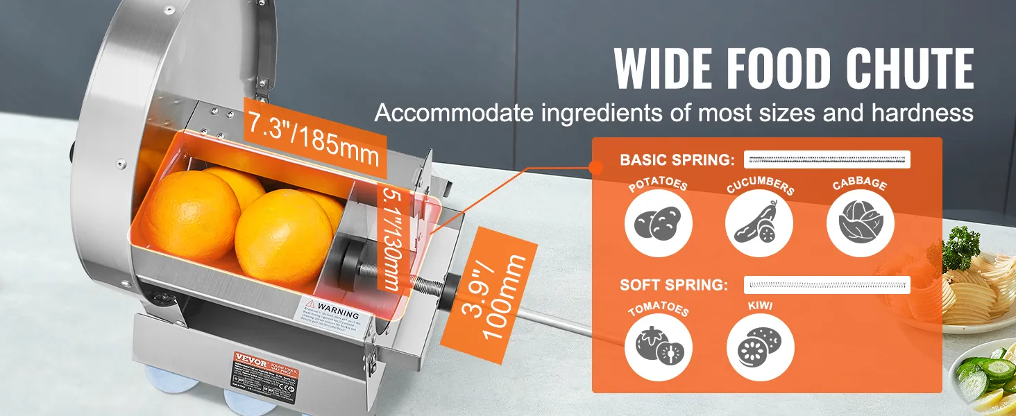 VEVOR vegetable slicer with wide food chute and dimensions for accommodating various ingredients.
