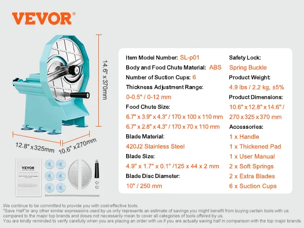 VEVOR vegetable fruit slicer with adjustable thickness, stainless steel blade, and multiple accessories.