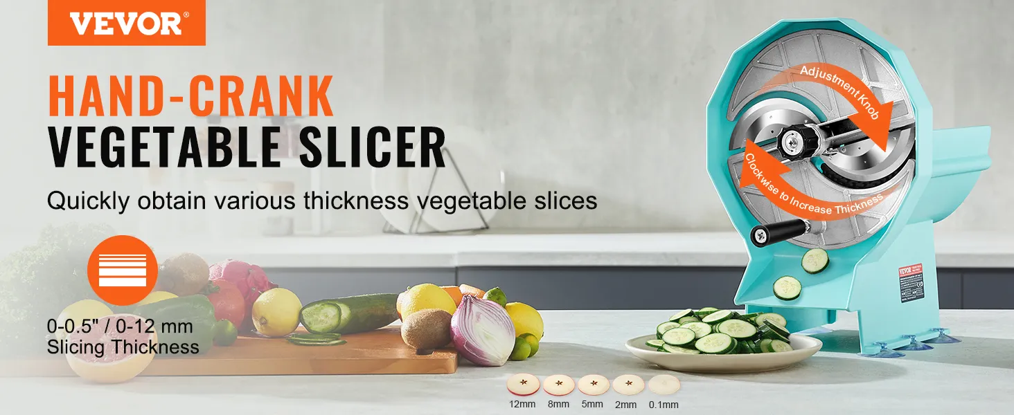 VEVOR vegetable fruit slicer with hand-crank, slices vegetables at adjustable thickness from 0.1mm to 12mm.