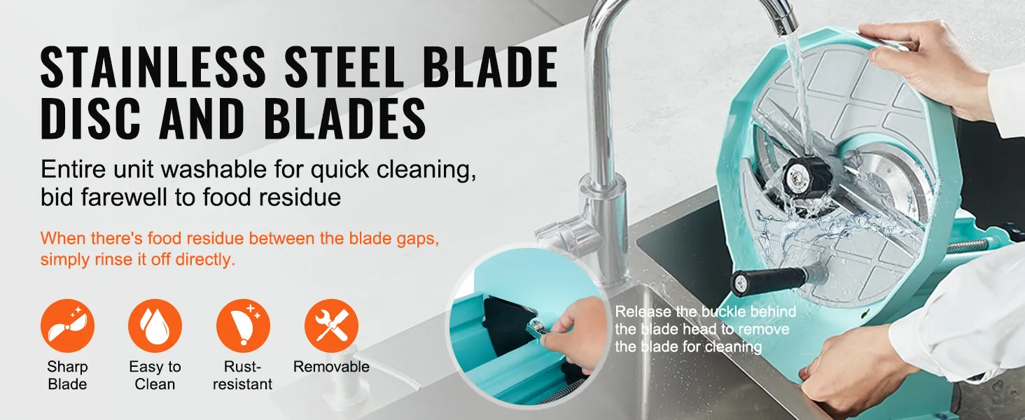 stainless steel VEVOR vegetable fruit slicer being washed under a faucet for easy cleaning.