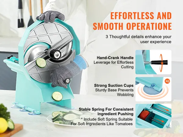 VEVOR vegetable fruit slicer in action with hand-crank handle, strong suction cups, and stable spring features.