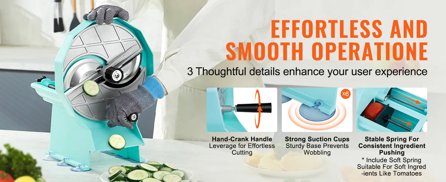 VEVOR vegetable fruit slicer in action with hand-crank handle, strong suction cups, and stable spring features.