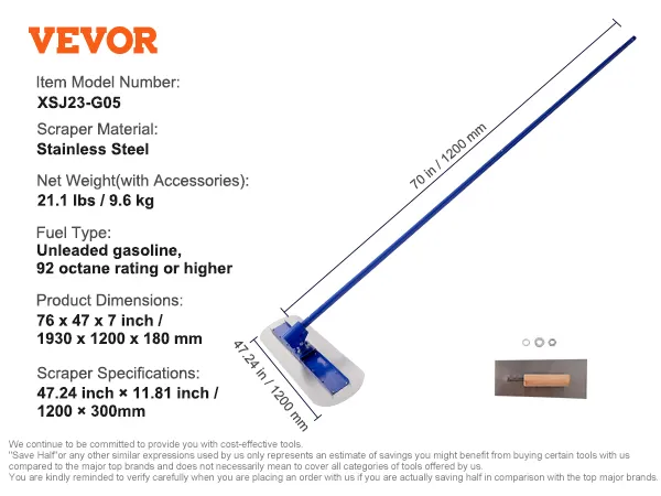VEVOR bull float, stainless steel scraper, 70 in handle, 47.24 x 11.81 in dimensions, 21.1 lbs.