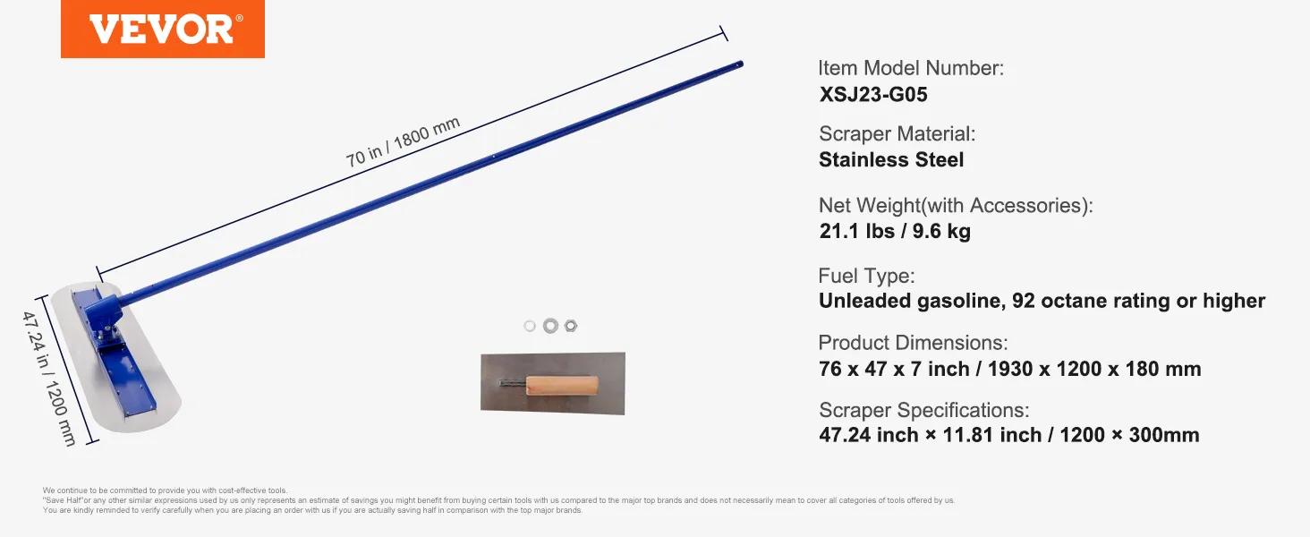 VEVOR bull float, stainless steel scraper, 70 in handle, 47.24 x 11.81 in dimensions, 21.1 lbs.