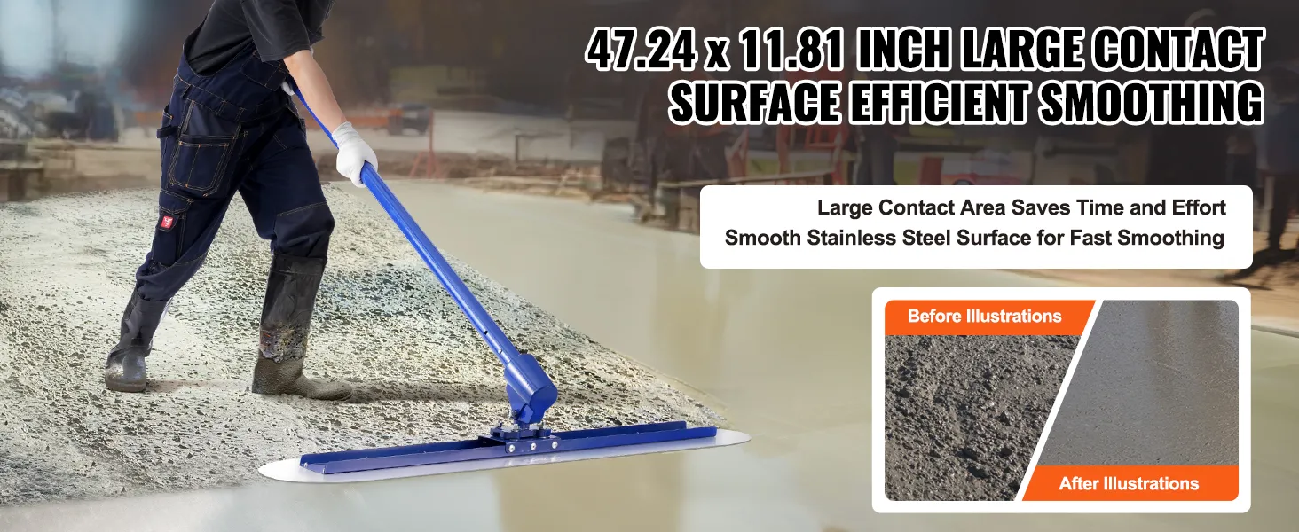 worker using VEVOR bull float to smooth concrete with 47.24 x 11.81 inch stainless steel surface.