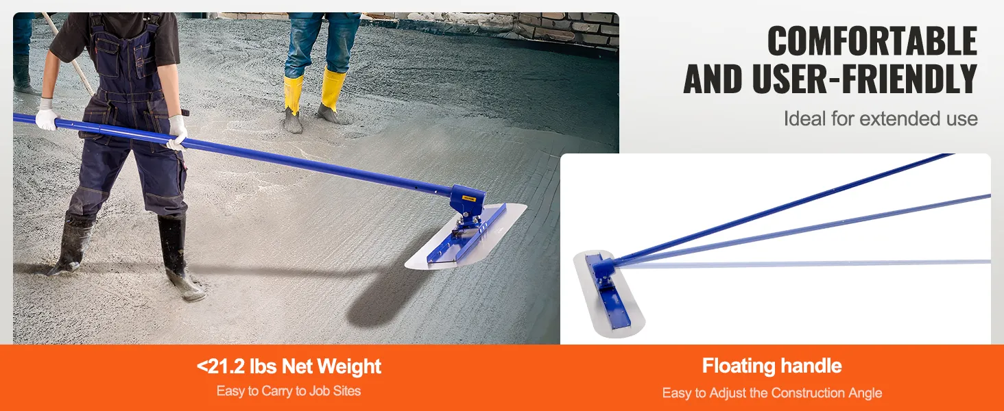 workers using a VEVOR bull float on wet cement with floating handle and lightweight design.