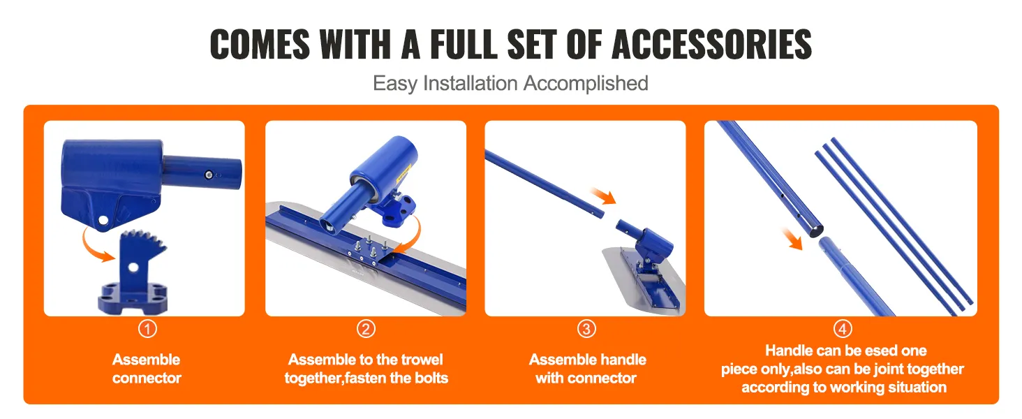 easy assembly steps for VEVOR bull float: attach connector, bolt to trowel, secure handle, and adjust length.