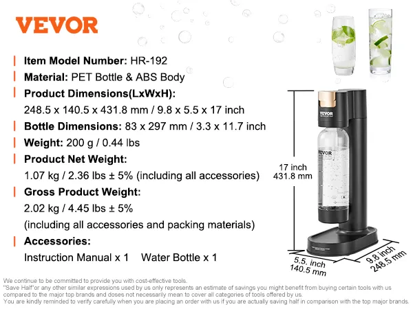 VEVOR sparkling water maker, 17-inch height, with bpa-free water bottle and soda dispenser.