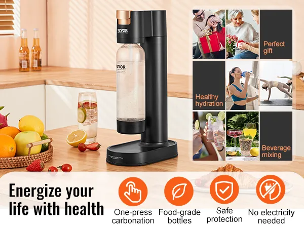 VEVOR sparkling water maker on kitchen counter with fruits, highlighting health benefits and versatility.
