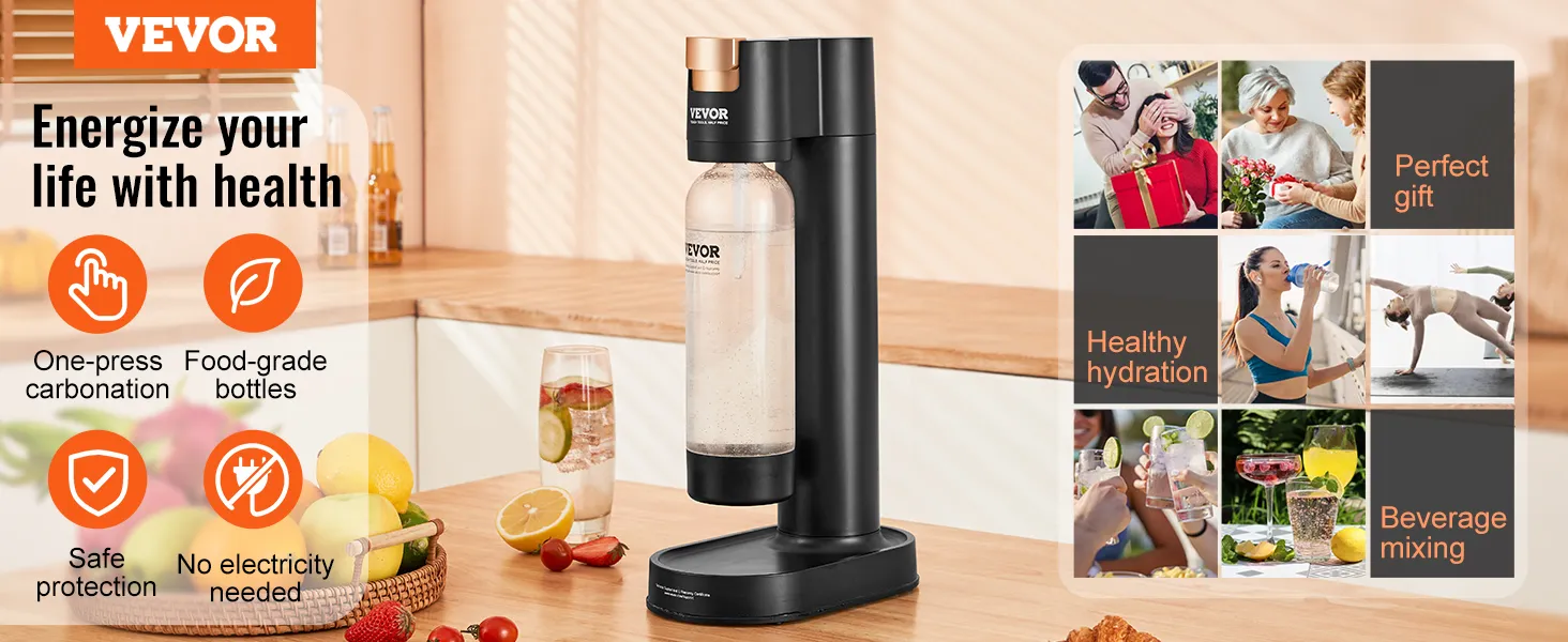 VEVOR sparkling water maker on kitchen counter with fruits, highlighting health benefits and versatility.