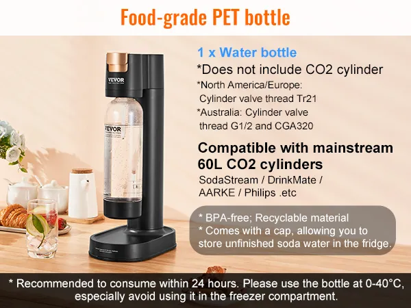 VEVOR sparkling water maker on a kitchen counter, compatible with 60l co2 cylinders, beside fresh fruits.