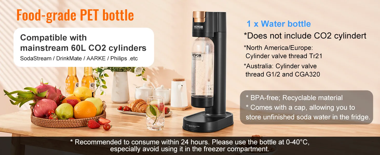 VEVOR sparkling water maker on a kitchen counter, compatible with 60l co2 cylinders, beside fresh fruits.