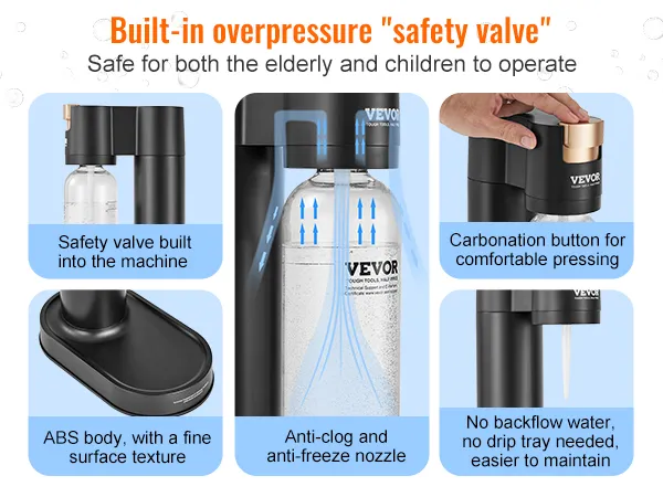 VEVOR sparkling water maker with safety valve, anti-clog nozzle, abs body, and easy carbonating button.