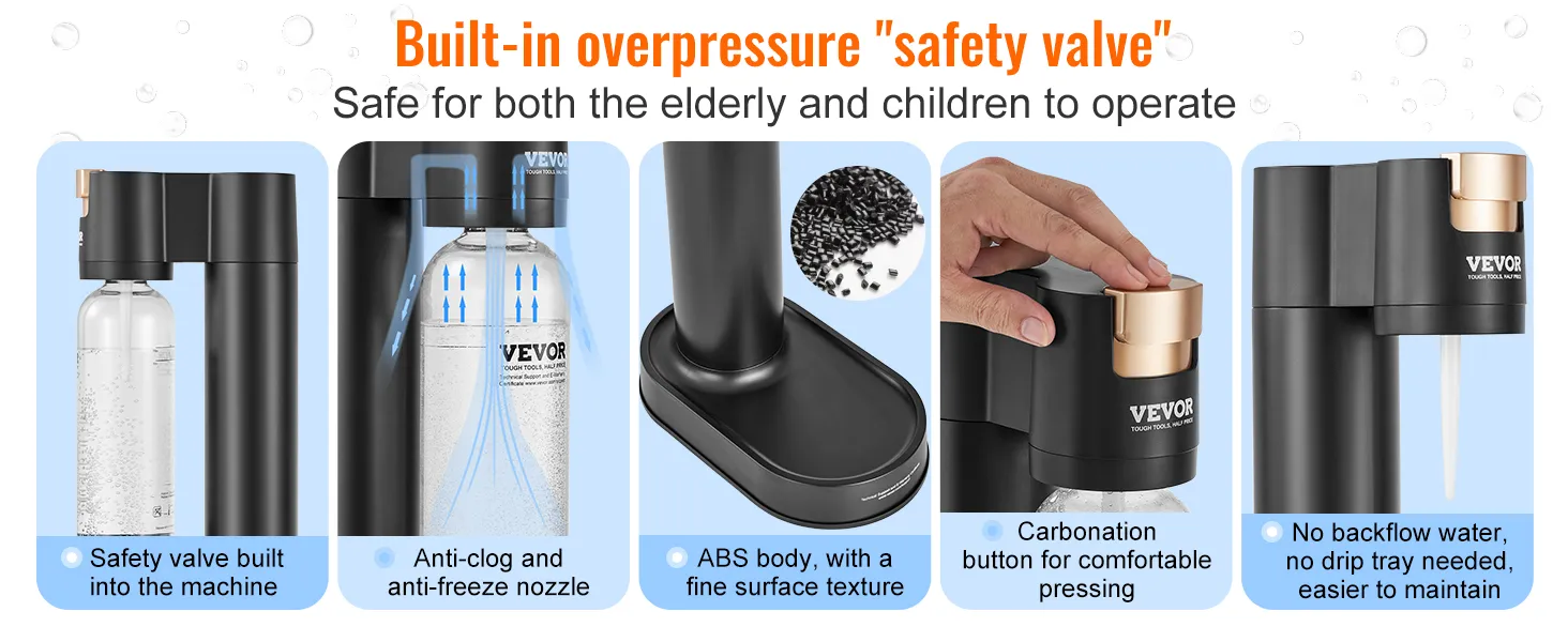 VEVOR sparkling water maker with safety valve, anti-clog nozzle, abs body, and easy carbonating button.