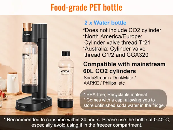 VEVOR sparkling water maker, two pet bottles, co2 compatible, bpa-free, table with fruits and plants.