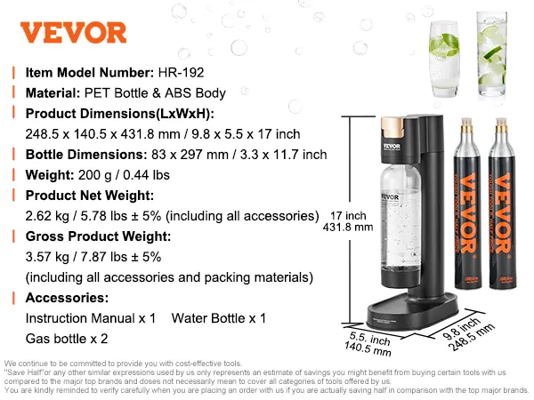 VEVOR sparkling water maker set with black soda dispenser, bpa-free water bottle, and gas bottle.