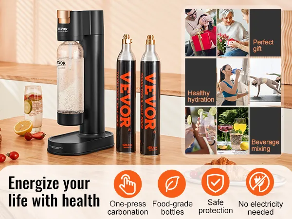 VEVOR sparkling water maker in a kitchen with two extra cylinders, fruit, and beverages nearby.