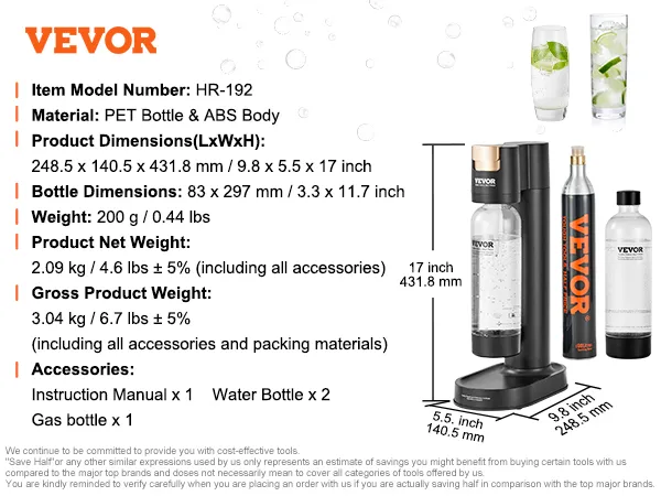 VEVOR sparkling water maker, pet bottle & abs body, soda dispenser, bpa-free bottles, gas bottle.