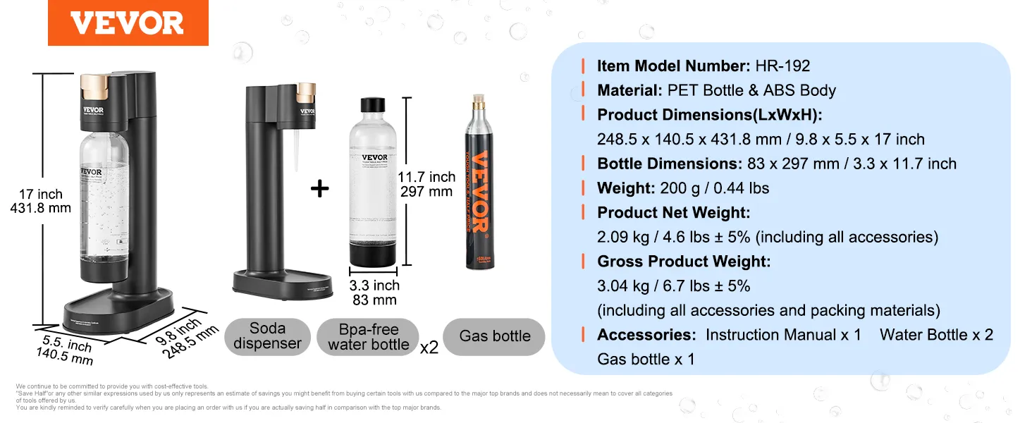 VEVOR sparkling water maker, pet bottle & abs body, soda dispenser, bpa-free bottles, gas bottle.