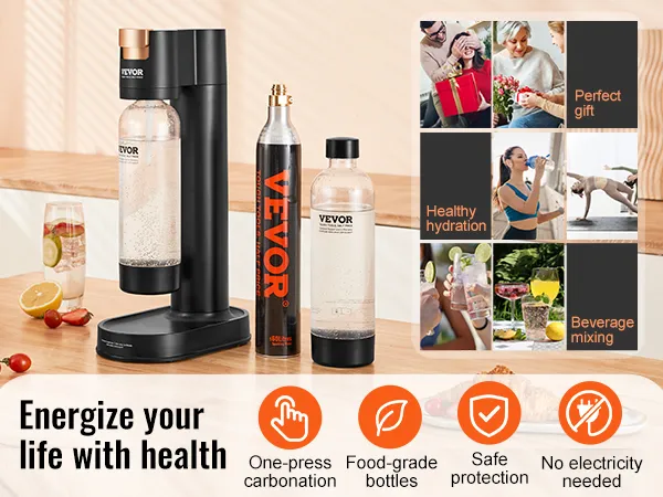 VEVOR sparkling water maker with one-press carbonation and food-grade bottles, promotes healthy hydration.