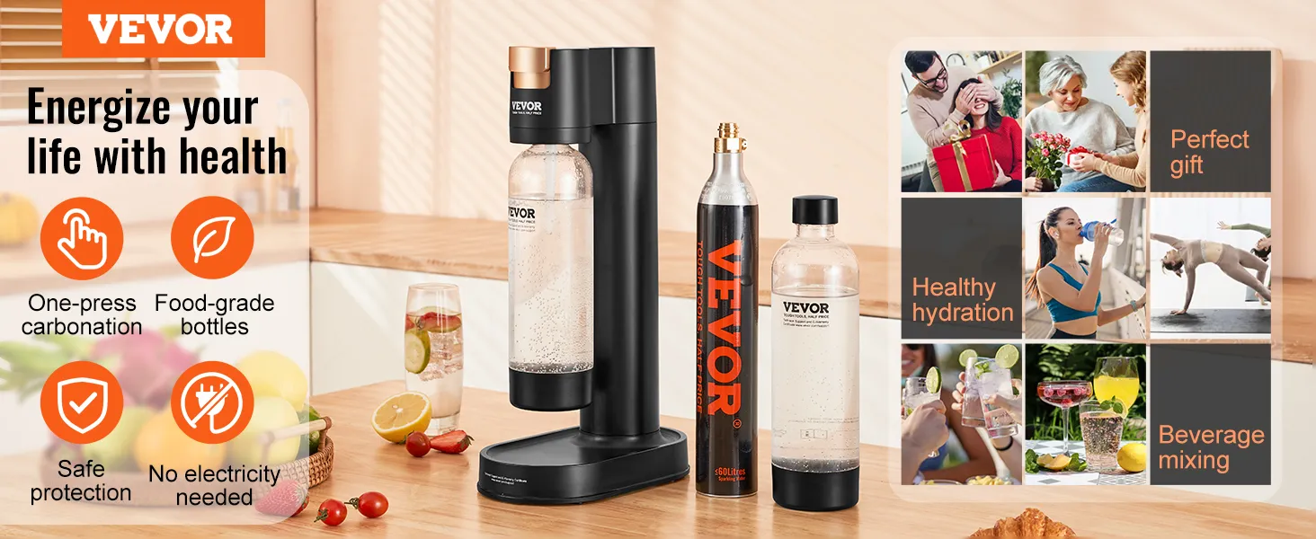 VEVOR sparkling water maker with one-press carbonation and food-grade bottles, promotes healthy hydration.