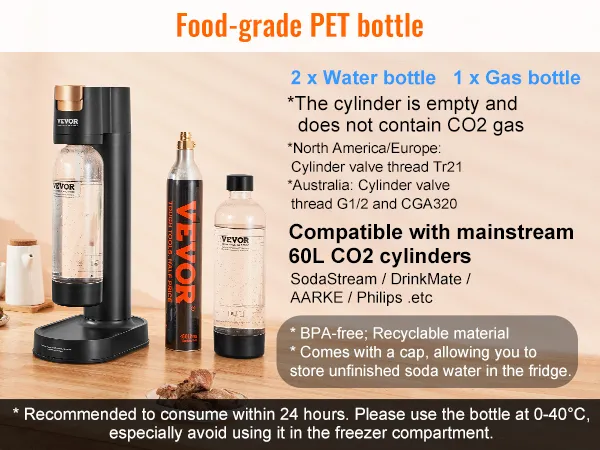 VEVOR sparkling water maker with co2 cylinder, water bottles, and fresh fruit on a wooden table.