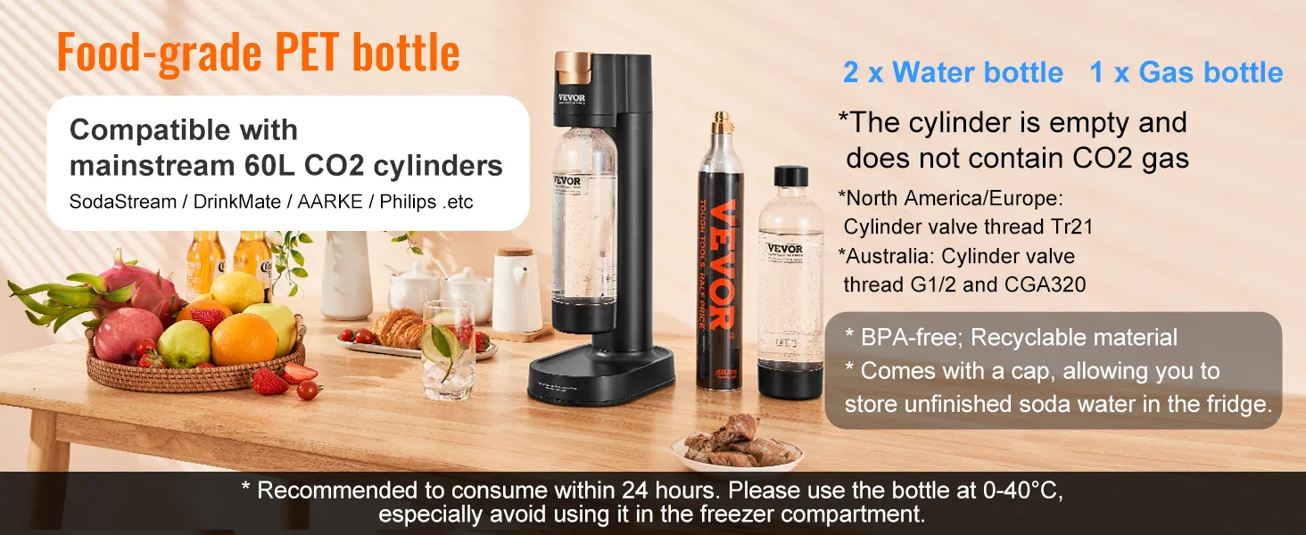 VEVOR sparkling water maker with co2 cylinder, water bottles, and fresh fruit on a wooden table.
