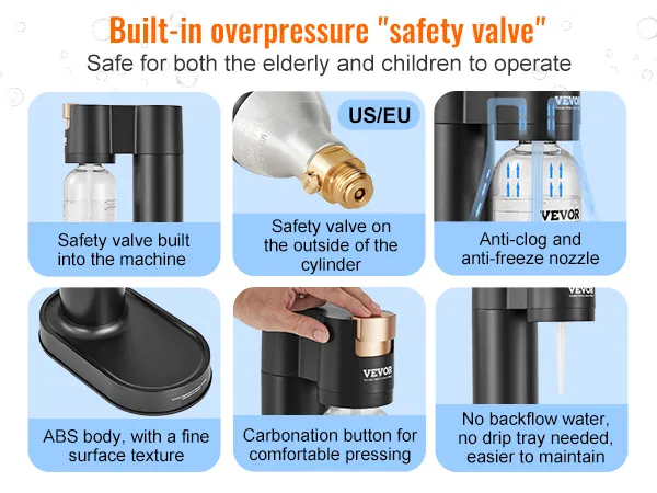 VEVOR sparkling water maker with overpressure safety valve, anti-clog nozzle, and comfortable carbonation button.