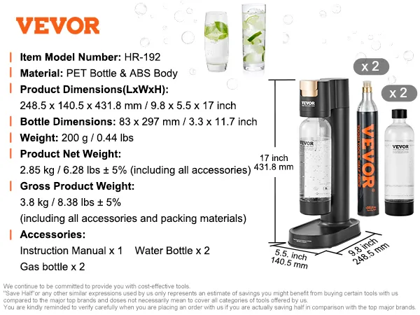 VEVOR sparkling water maker, soda dispenser, bpa-free bottle, gas bottle, dimensions, weight, accessories.