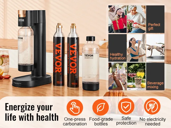 VEVOR sparkling water maker with one-press carbonation, food-grade bottles, no electricity needed.