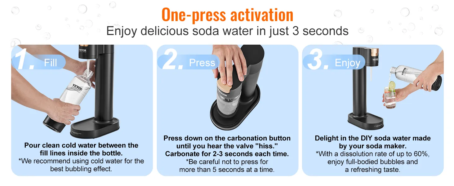 one-press activation showing steps to make soda water with the VEVOR sparkling water maker.