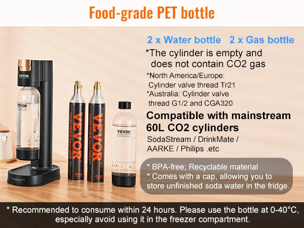 VEVOR sparkling water maker with compatible 60l co2 cylinders, food-grade pet bottle, bpa-free.