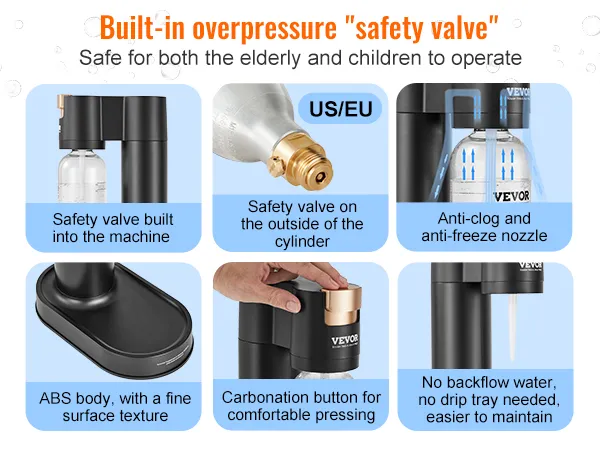 VEVOR sparkling water maker safety valve, anti-clog nozzle, abs body, easy maintenance, safe for all users.