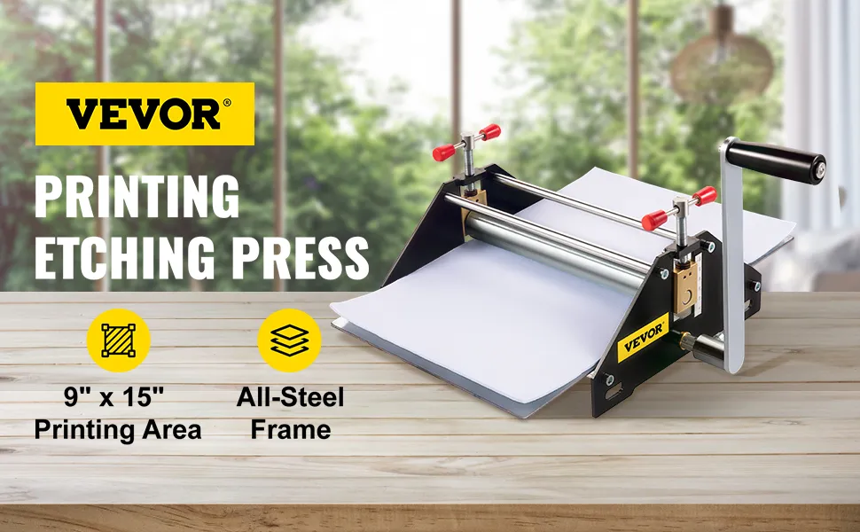 VEVOR etching press with 9" x 15" printing area and all-steel frame on a wooden table.
