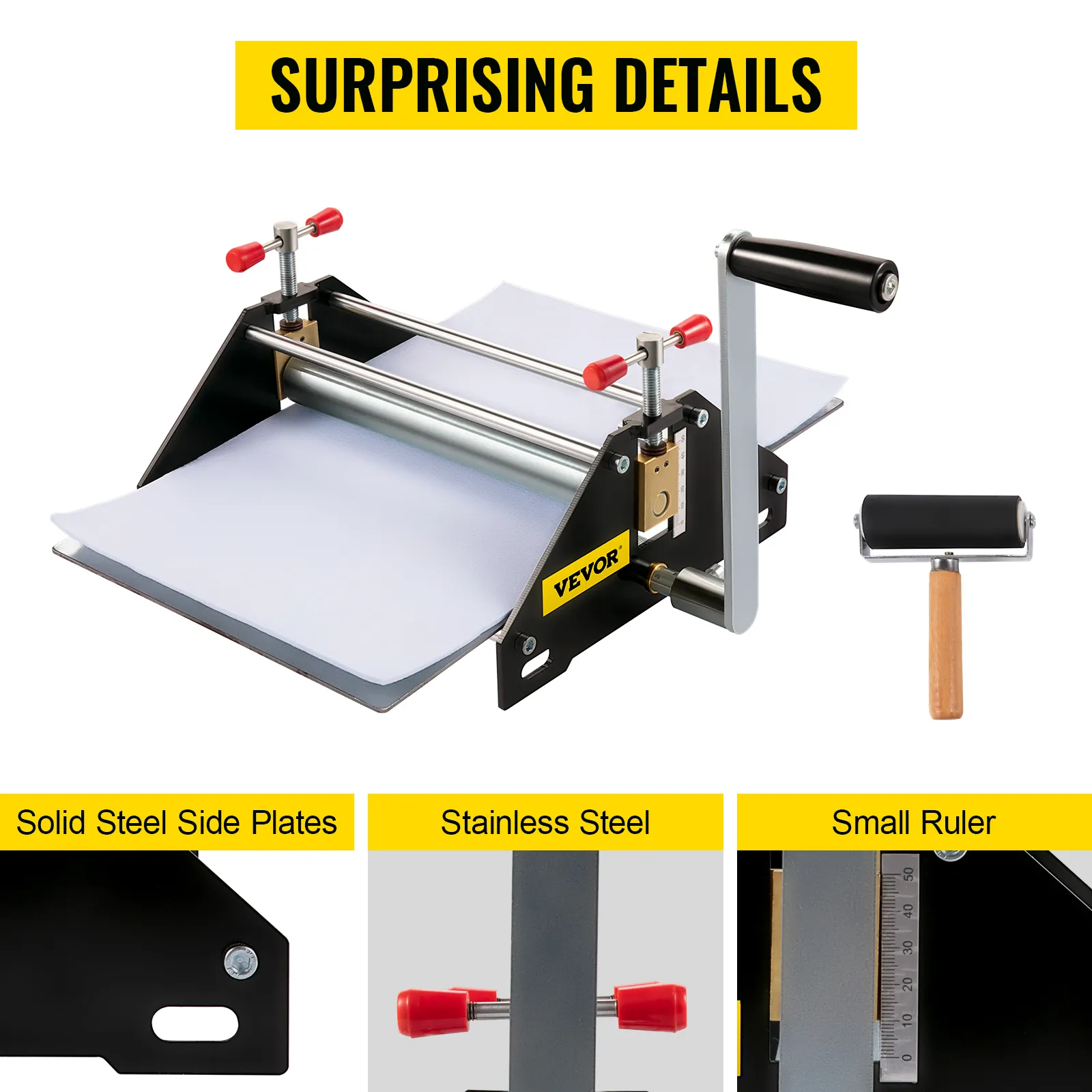 VEVOR etching press with solid steel side plates, stainless steel rollers, and small ruler.