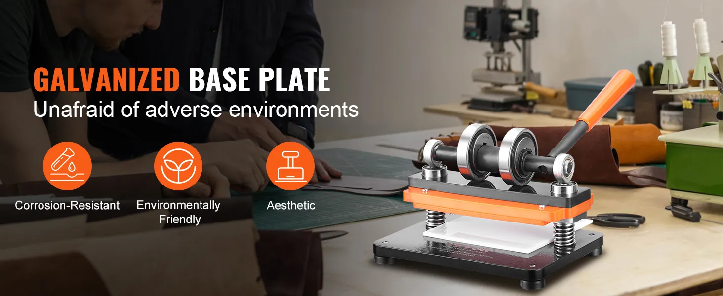 VEVOR leather cutting machine with galvanized base plate on a workshop table showcasing various tools.