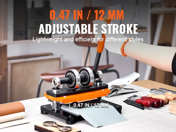 hand operating VEVOR leather cutting machine with 0.47 in / 12 mm adjustable stroke for efficient work.