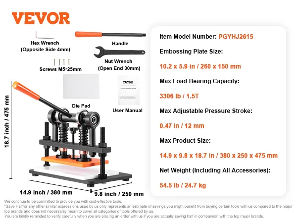 VEVOR leather cutting machine pgyhj2615 with accessories, 10.2x5.9 in plate, 3306 lb load capacity.