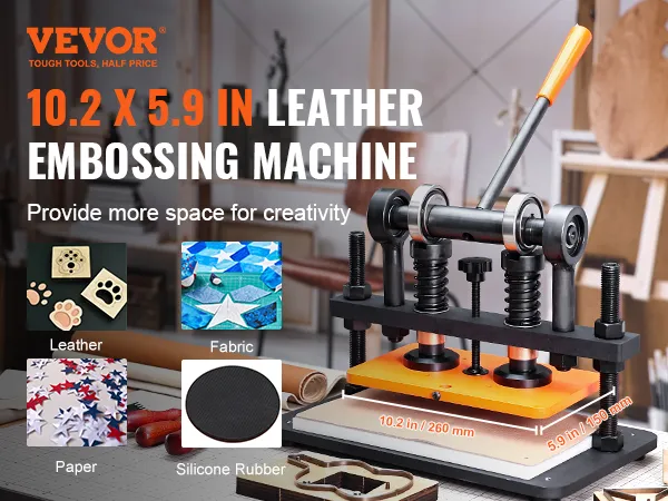 VEVOR leather cutting machine on a workbench with various crafting materials.