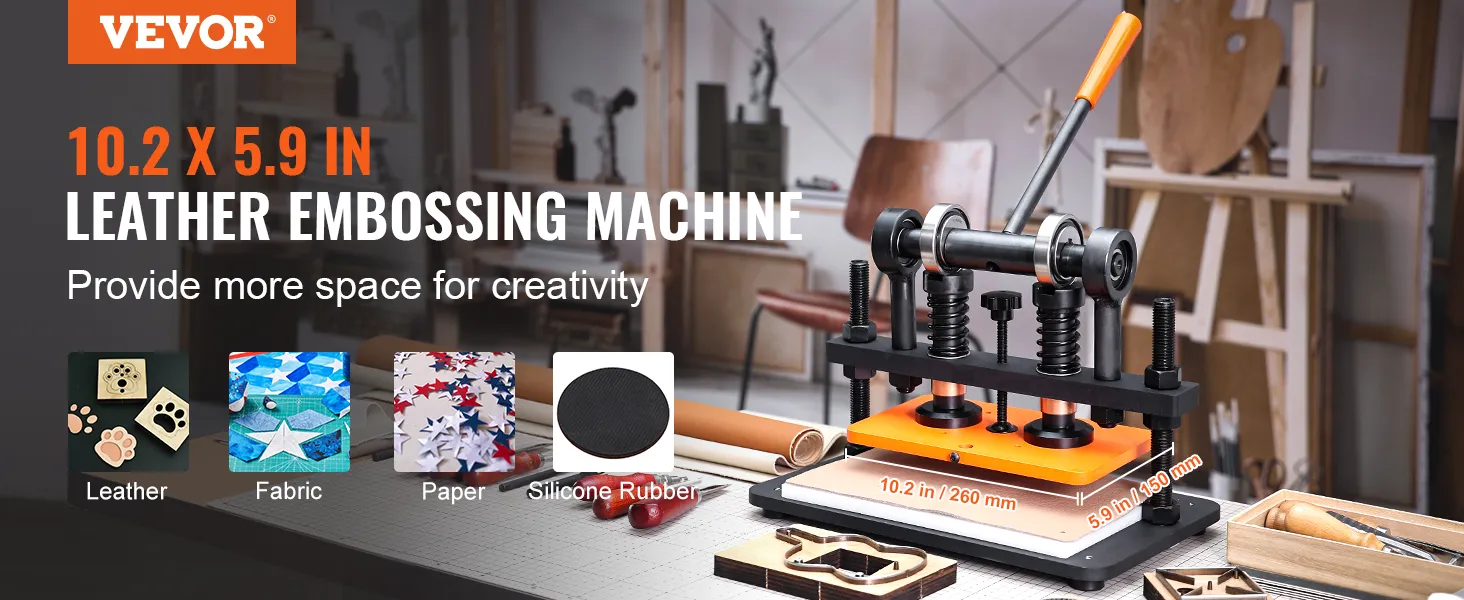VEVOR leather cutting machine on a workbench with various crafting materials.